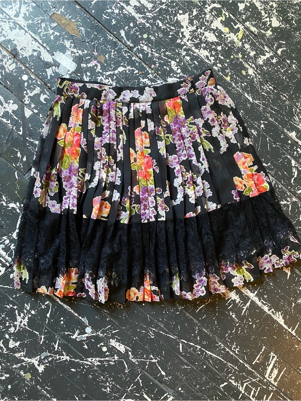 Topshop Black Pleated Mini Skirt with Floral Print and Lace